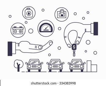 Trading Cars and rental cars in line flat design . keys to the car . car broker . cartoon in flat design .Vector illustration . Apply to website , book cover , poster ,  infographics .