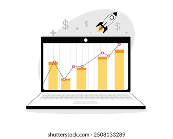 Trading chart data on the laptop is skyrocketing. It's time to buy a currency trade. Character design. Vector flat illustration