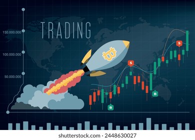 Tabla de comercio con cohete y tabla de crecimiento. Ilustración vectorial