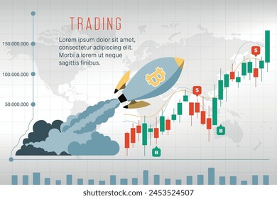 Trading chart with rocket and growth chart. Vector illustration