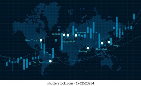 Trading Chart and World Map. Stocks, commodity markets, foreign exchange charts and world financial cities.