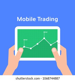 trading charts in mobile tablet. concept of businessman insight research fin market and analysis of the value of shares or financial education. cartoon trend modern design isolated on blue background