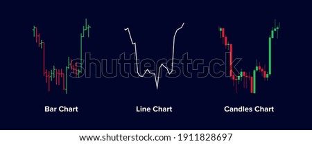 Trading Charts Vector Illustration. Different Types of Trading Price Chart inc Bar, Line, Candlestick Candle Chart. 