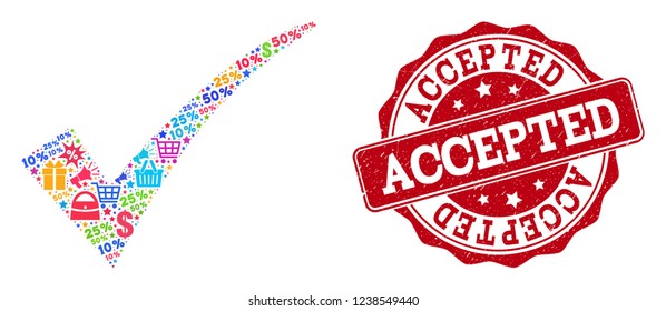 Trading collage of accepted mosaic and rubber seal. Mosaic accepted collage is designed with colorful shopping bags, carts, dollars, discount percents, gifts, announces.