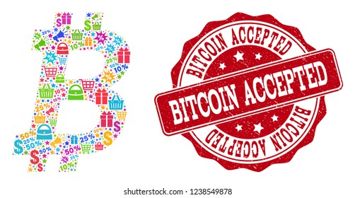 Trading collage of bitcoin mosaic and corroded stamp. Mosaic bitcoin collage is designed with bright shopping bags, carts, dollars, discount percents, gifts, announces.