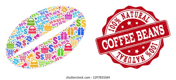 Trading collage of coffee bean mosaic and rubber seal. Mosaic coffee bean collage is designed with bright shopping bags, carts, dollars, discount percents, gifts, announces.