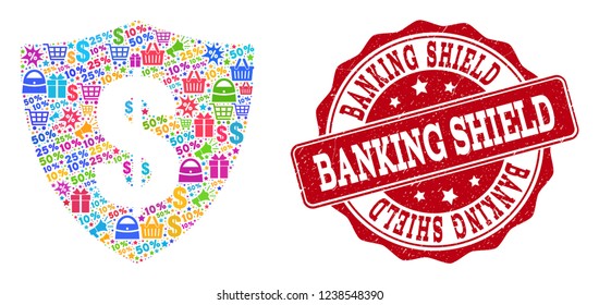 Trading collage of dollar shield mosaic and corroded stamp seal. Mosaic dollar shield collage is designed with colored shopping bags, carts, dollars, discount percents, gifts, announces.