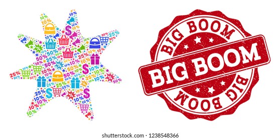 Trading collage of exploding boom mosaic and rubber stamp. Mosaic exploding boom collage is constructed with colored shopping bags, carts, dollars, discount percents, gifts, announces.