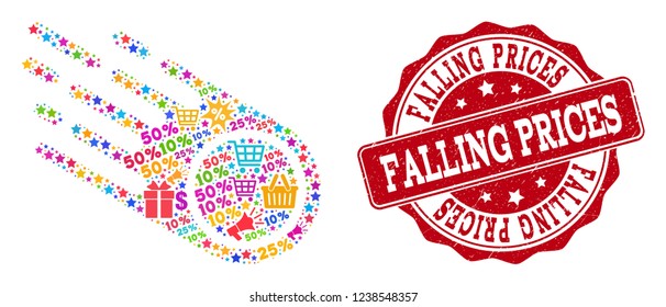 Trading collage of falling prices mosaic and rubber seal. Mosaic falling prices collage is constructed with bright shopping bags, carts, dollars, discount percents, gifts, announces.