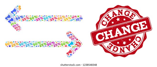 Trading collage of flip arrows horizontally mosaic and rubber stamp seal. Mosaic flip arrows horizontally collage is constructed with bright shopping bags, carts, dollars, discount percents, gifts,