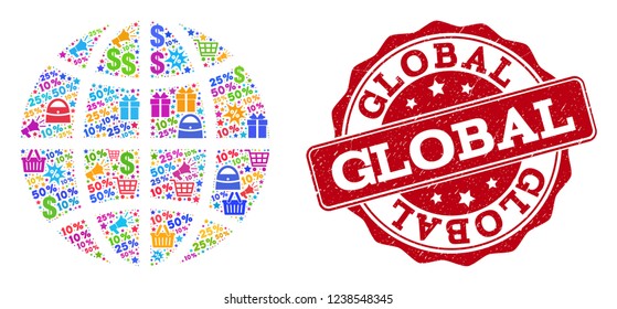 Trading collage of globe mosaic and rubber stamp seal. Mosaic globe collage is constructed with colored shopping bags, carts, dollars, discount percents, gifts, announces.