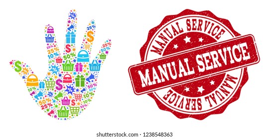 Trading collage of hand mosaic and corroded seal. Mosaic hand collage is designed with colored shopping bags, carts, dollars, discount percents, gifts, announces.