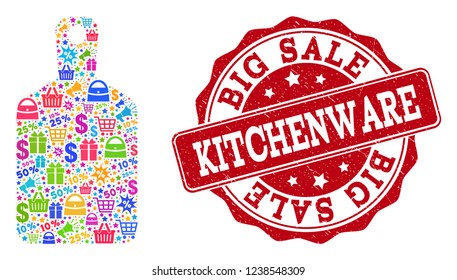 Trading collage of kitchenware mosaic and dirty stamp seal. Mosaic kitchenware collage is constructed with bright shopping bags, carts, dollars, discount percents, gifts, announces.