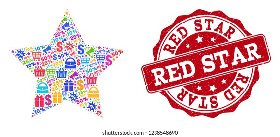 Trading collage of red star mosaic and dirty stamp. Mosaic red star collage is constructed with colored shopping bags, carts, dollars, discount percents, gifts, announces.