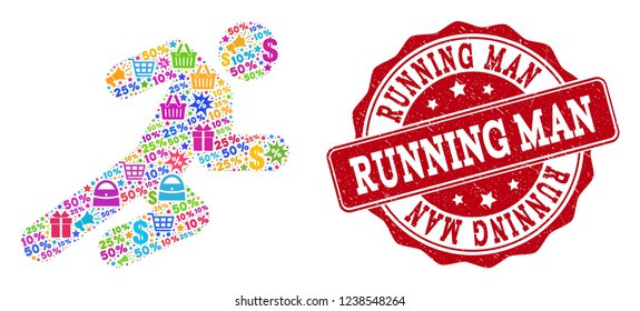 Trading collage of running man mosaic and corroded stamp seal. Mosaic running man collage is designed with colored shopping bags, carts, dollars, discount percents, gifts, announces.