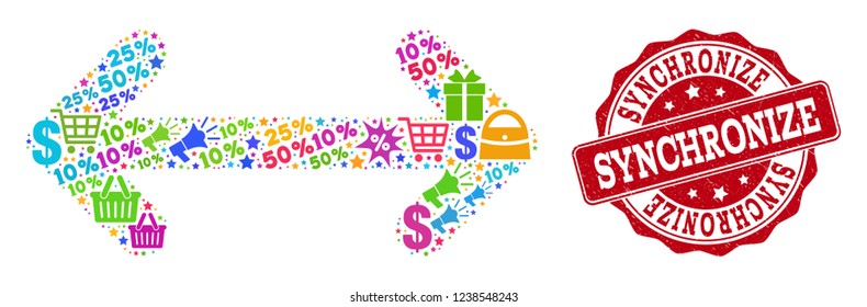 Trading collage of synchronize mosaic and corroded seal. Mosaic synchronize collage is designed with colored shopping bags, carts, dollars, discount percents, gifts, announces.