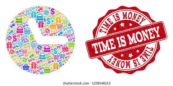 Trading collage of time mosaic and rubber seal. Mosaic time collage is constructed with bright shopping bags, carts, dollars, discount percents, gifts, announces.