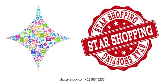 Trading combination of shine star mosaic and rubber seal. Mosaic shine star collage is constructed with bright shopping bags, carts, dollars, discount percents, gifts, announces.