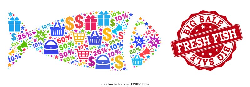 Trading composition of fish mosaic and unclean stamp seal. Mosaic fish collage is designed with bright shopping bags, carts, dollars, discount percents, gifts, announces.
