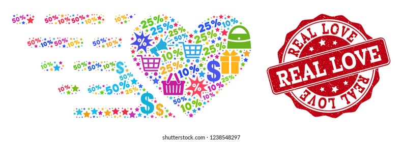 Trading composition of love heart mosaic and scratched stamp seal. Mosaic love heart collage is constructed with colorful shopping bags, carts, dollars, discount percents, gifts, announces.