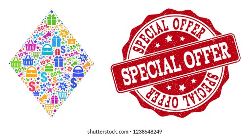 Trading composition of special offer mosaic and rubber seal. Mosaic special offer collage is constructed with bright shopping bags, carts, dollars, discount percents, gifts, announces.