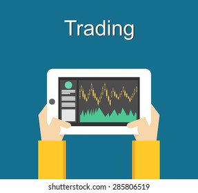 Trading concept illustration flat design. Monitoring trade on gadget. 