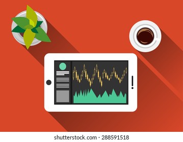 Trading concept illustration flat design with long shadow. Monitoring trade on gadget.  
