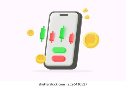 conceito de negociação com telefone celular mostrando castiçais verdes e vermelhos, rodeados por moedas de ouro. ilustrando aplicativos do mercado de ações, plataformas de criptomoedas e investimento financeiro, vetor 3d 