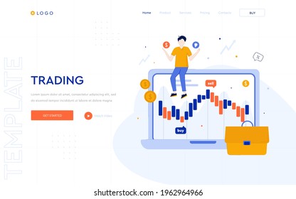 Trading concept website template. Man trades on the stock exchange, and creates its portfolio. Digital business illustrations