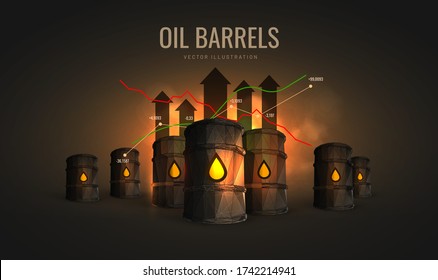 Trading crude oil vector illustration isolated against a dark  background with smoke - Concept oil investment or petroleum stocks in graph - polygonal wireframe style