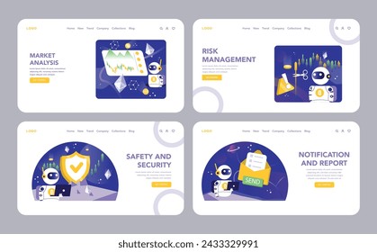 Trading and Crypto Bot collection. A suite of vector illustrations presents the bot's functionalities: market analysis, risk management, safety protocols, and alert systems. Vector illustration.