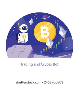 Trading and Crypto Bot concept. A futuristic bot navigates the cryptocurrency landscape, depicted against a backdrop of Bitcoin and market charts, symbolizing automated trading. Vector illustration.