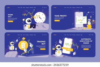 Trading and Crypto Bot night or dark mode web or landing page set. Featuring the continuous operation of bots, profit execution strategies, and automated order processing.