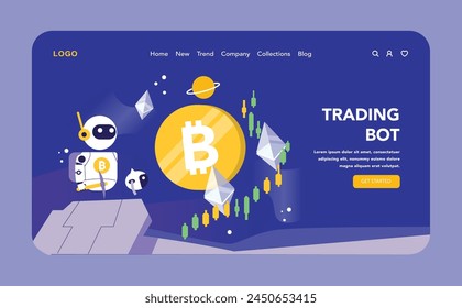 Trading and Crypto Bot night or dark mode web or landing page. Bot navigates the cryptocurrency landscape, depicted against a backdrop of Bitcoin and market charts, symbolizing automated trading.