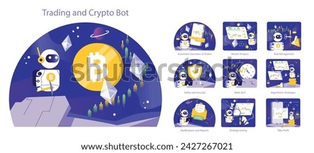 Trading and Crypto Bot set. Comprehensive vector illustrations showcasing automated trading technology, market analysis, and strategy execution. Vector illustration.