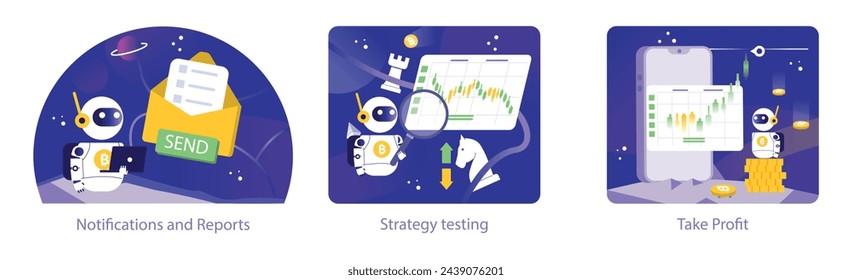 Trading and Crypto Bot suite. Illustrations feature essential trading bot functions: real-time notifications, rigorous strategy testing, and automated profit-taking. Integral tools for modern trading.