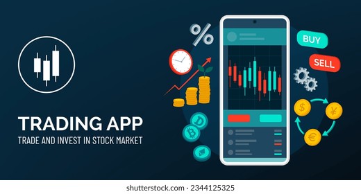 Trading and currency exchange app on smartphone: investments and stock market concept, banner with copy space