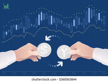 Trading Of Currency Pair Between The Dollar And The Chinese Yuan On The Forex. Graphic illustration on the theme of 'Currencies / Foreign Exchange'.