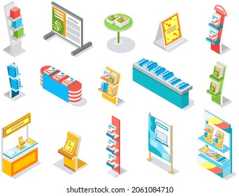 Trading equipment set, empty shelves for goods. Store furniture vector illustration with free space for products display. Blank row for storage and keeping goods. Rack for commercial market isolated