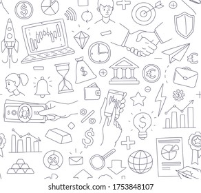 Trading exchange seamless pattern background. Vector illustration doodles, thin line art sketch style concept