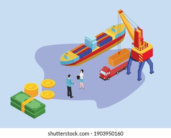 Trading export import 3D isometric vector concept for banner, website, illustration, landing page, flyer, etc