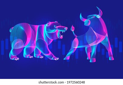 Trading and finance investment strategy concept with abstract bullish and bearish silhouettes with candlestick chart. Vector illustration of confronting neon bull and bear with growing market diagram