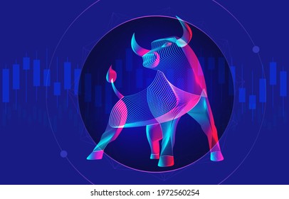 Trading and finance investment strategy concept with abstract bullish silhouette and candlestick chart on a background. Vector illustration of a standing neon bull with growing stock market diagram