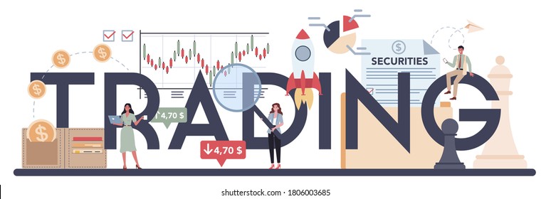 Trading, financial investment typographic header. Buy, sell or loss profits, trader strategy, market analysis. Idea of money increase and finance growth. Vector illustration in flat style