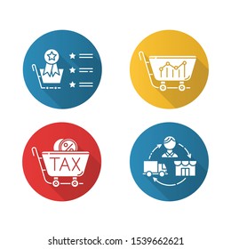 Trading flat design long shadow glyph icons set. Marketing research. Best seller list, sell analytics, sales tax ID, dropshipping. Product promotion. Vector silhouette illustration
