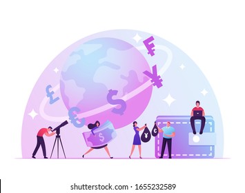 Trading and Global Economics Situation. People Rejoice at Favorable Exchange Rate. Online Economy Applications for Quick Currency Exchange Euro Franс Yen Pound Dollar. Cartoon Flat Vector Illustration