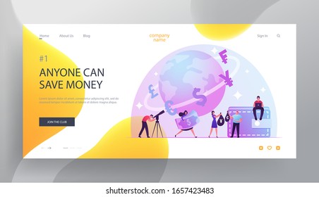 Trading and Global Economics Website Landing Page. People Rejoice at Favorable Exchange Rate. Quick Currency Exchange Euro Franс Yen Pound Dollar Web Page Banner. Cartoon Flat Vector Illustration