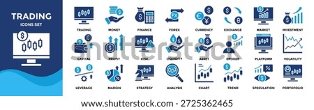Trading icon collection. Containing finance, forex, investment, profit, risk, market analysis, assets, liquidity, and portfolio 