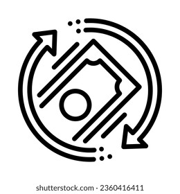 Trading icon. Money placed in the middle transfer arrows. Line vector. Isolate on white background.