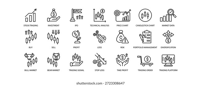 Conjunto de íconos de trading que incluyen operaciones bursátiles, inversión, análisis técnico, gráficos de Precios, acciones de compra-venta y gestión de riesgos. Ideal para App de fintech, Sitios web financieros, paneles y diseño de interfaz de usuario.